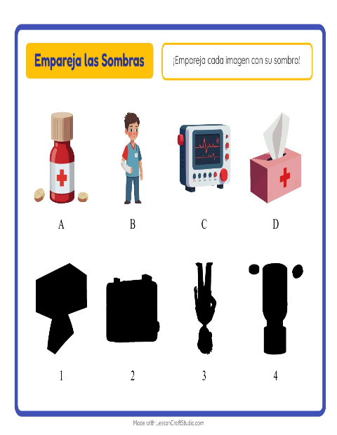 Vista previa de la hoja de Emparejar Sombras con Hospital para jardín infantil