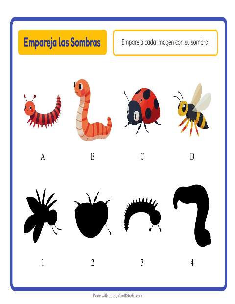 Vista previa de la hoja de Emparejar Sombras con Insectos y bichos para jardín infantil