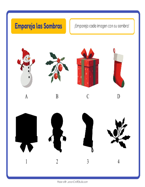 Vista previa de la hoja de Emparejar Sombras con Navidad para jardín infantil