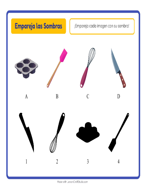 Vista previa de la hoja de Emparejar Sombras con Utensilios de cocina para jardín infantil