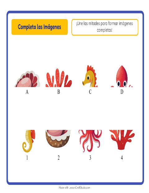 Vista previa de la hoja de Emparejar Sombras con Vida marina para jardín infantil