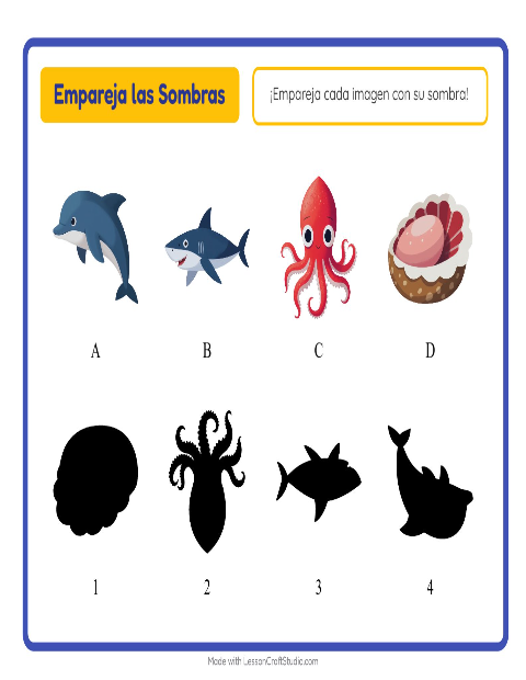 Vista previa de la hoja de Emparejar Sombras con Vida marina para jardín infantil