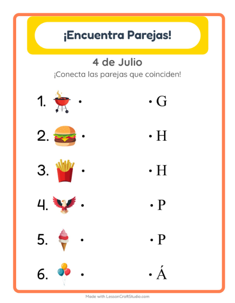 Vista previa de la hoja de Emparejar con 4 de Julio para jardín infantil
