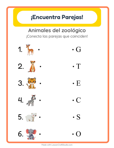 Vista previa de la hoja de Emparejar con Animales del zoológico para jardín infantil
