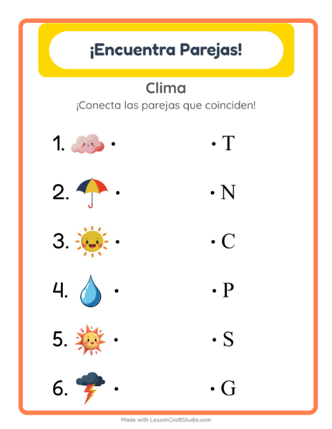 Vista previa de la hoja de Emparejar con Clima para jardín infantil
