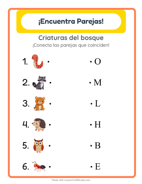 Vista previa de la hoja de Emparejar con Criaturas del bosque para jardín infantil