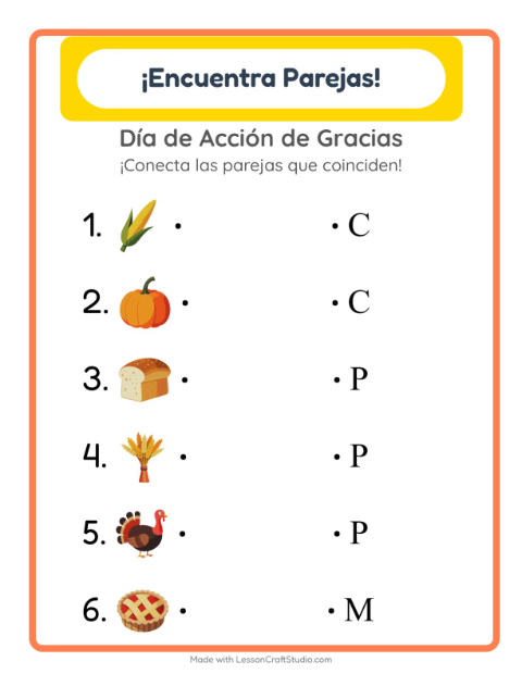Vista previa de la hoja de Emparejar con Día de Acción de Gracias para jardín infantil