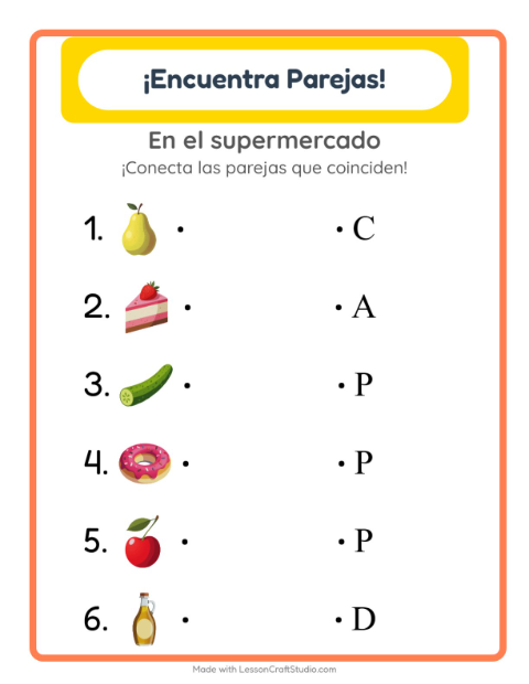 Vista previa de la hoja de Emparejar con En el supermercado para jardín infantil