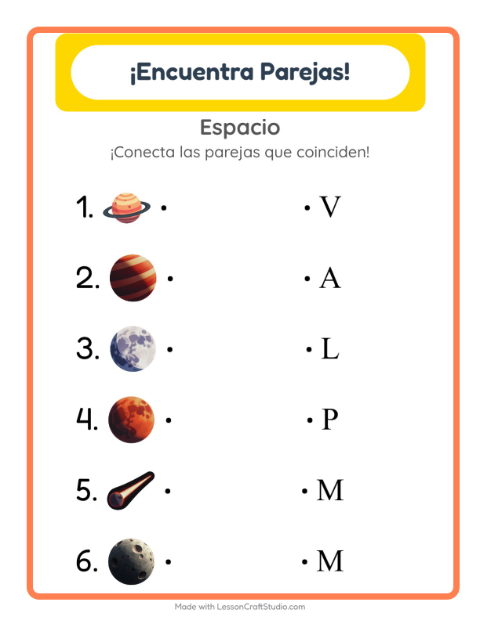 Vista previa de la hoja de Emparejar con Espacio para jardín infantil