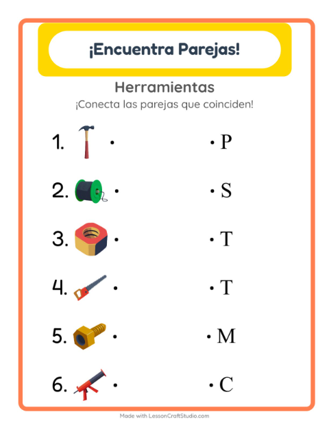 Vista previa de la hoja de Emparejar con Herramientas para jardín infantil