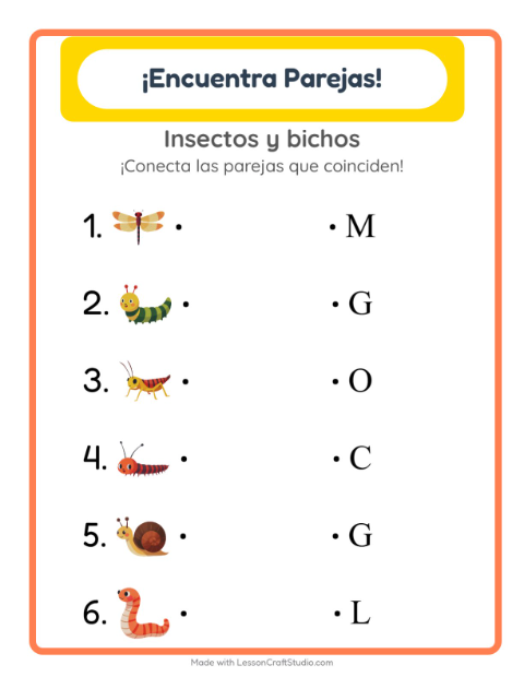 Vista previa de la hoja de Emparejar con Insectos y bichos para jardín infantil