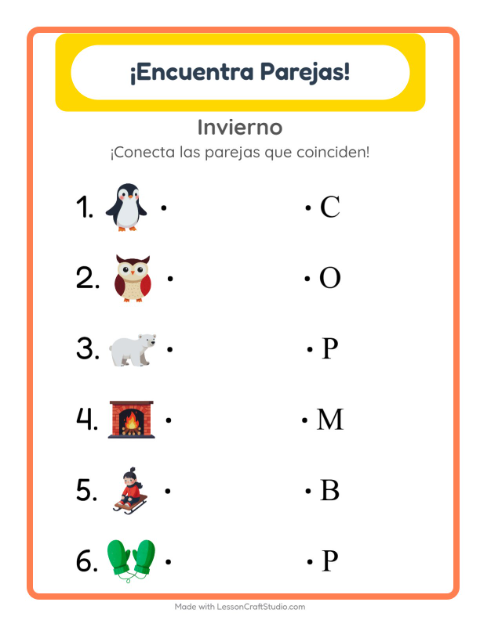 Vista previa de la hoja de Emparejar con Invierno para jardín infantil
