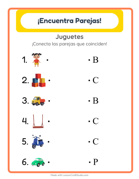 Vista previa de la hoja de Emparejar con Juguetes para jardín infantil