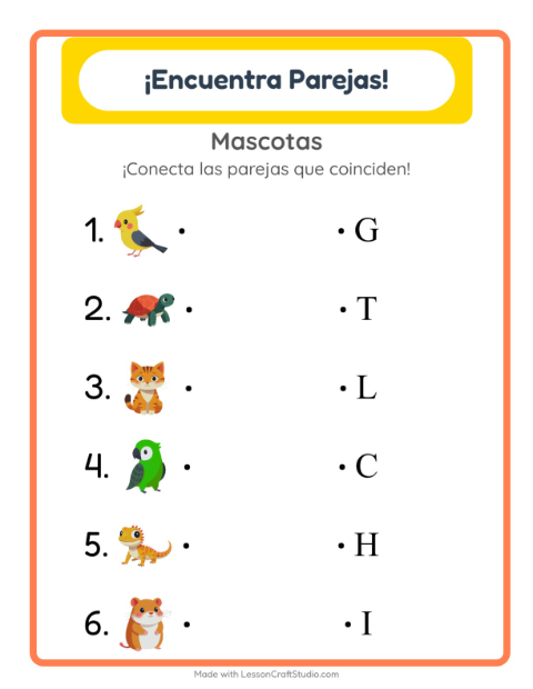Vista previa de la hoja de Emparejar con Mascotas para jardín infantil