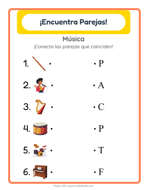 Vista previa de la hoja de Emparejar con Música para jardín infantil