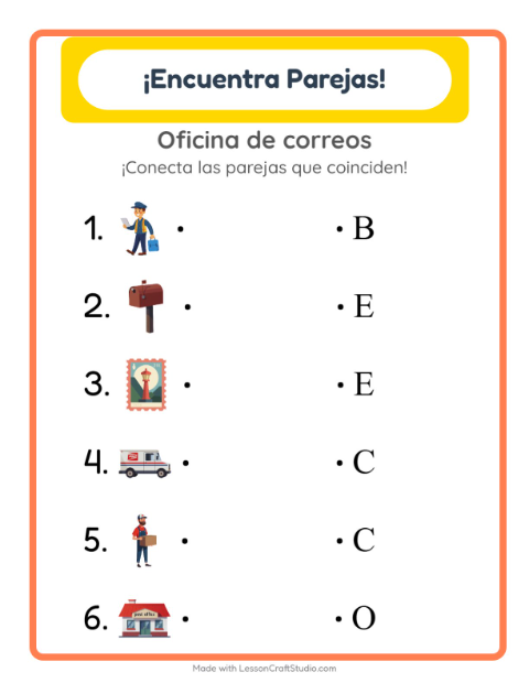 Vista previa de la hoja de Emparejar con Oficina de correos para jardín infantil