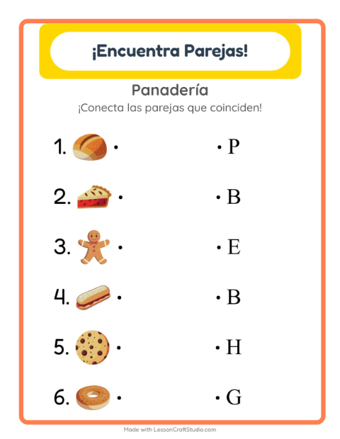 Vista previa de la hoja de Emparejar con Panadería para jardín infantil