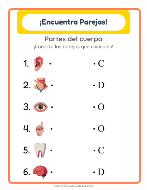 Vista previa de la hoja de Emparejar con Partes del cuerpo para jardín infantil