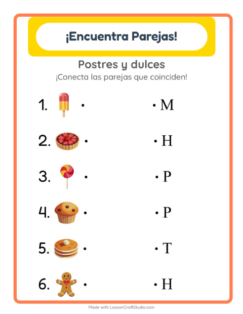 Vista previa de la hoja de Emparejar con Postres y dulces para jardín infantil