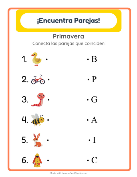 Vista previa de la hoja de Emparejar con Primavera para jardín infantil
