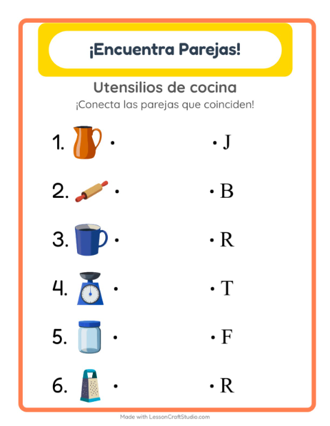 Vista previa de la hoja de Emparejar con Utensilios de cocina para jardín infantil