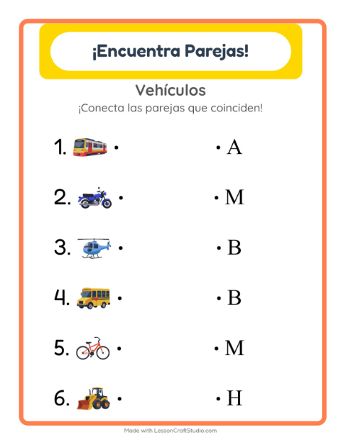 Vista previa de la hoja de Emparejar con Vehículos para jardín infantil