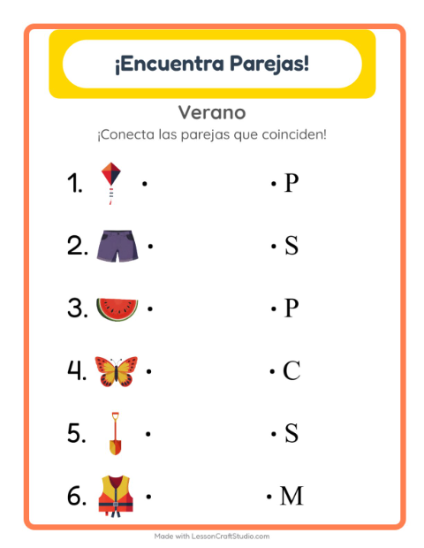 Vista previa de la hoja de Emparejar con Verano para jardín infantil