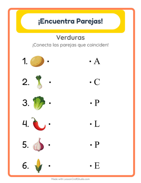 Vista previa de la hoja de Emparejar con Verduras para jardín infantil