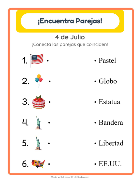 Vista previa de la hoja de Emparejar con 4 de Julio para jardín infantil