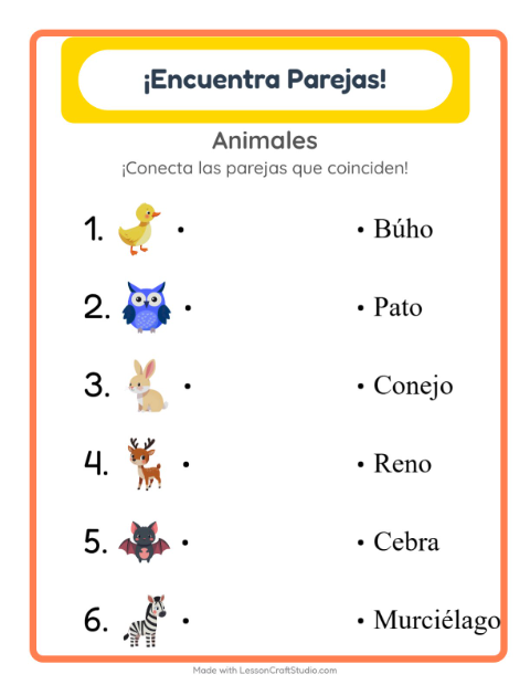 Vista previa de la hoja de Emparejar con Animales para jardín infantil
