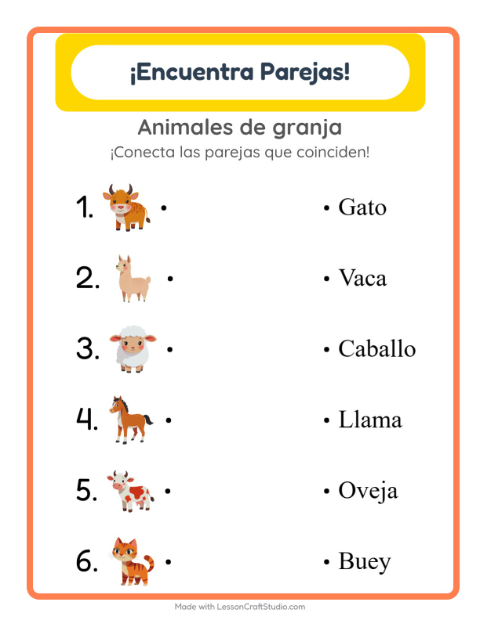 Vista previa de la hoja de Emparejar con Animales de granja para jardín infantil