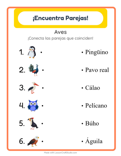 Vista previa de la hoja de Emparejar con Aves para jardín infantil