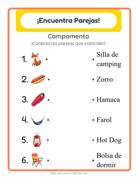 Vista previa de la hoja de Emparejar con Campamento para jardín infantil