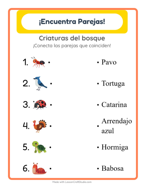 Vista previa de la hoja de Emparejar con Criaturas del bosque para jardín infantil