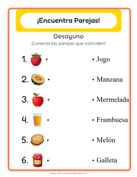 Vista previa de la hoja de Emparejar con Desayuno para jardín infantil