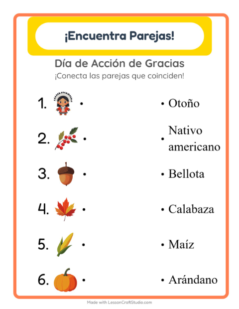 Vista previa de la hoja de Emparejar con Día de Acción de Gracias para jardín infantil