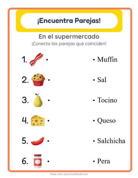 Vista previa de la hoja de Emparejar con En el supermercado para jardín infantil