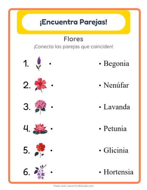 Vista previa de la hoja de Emparejar con Flores para jardín infantil
