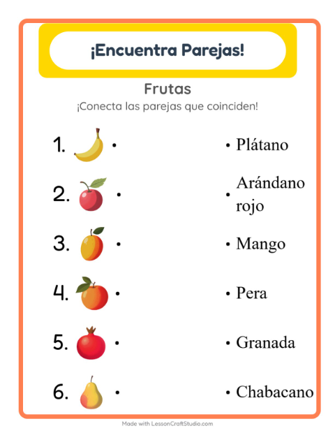 Vista previa de la hoja de Emparejar con Frutas para jardín infantil