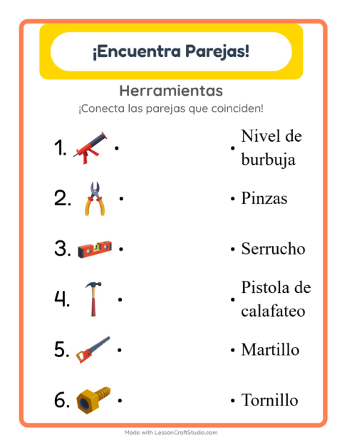 Vista previa de la hoja de Emparejar con Herramientas para jardín infantil