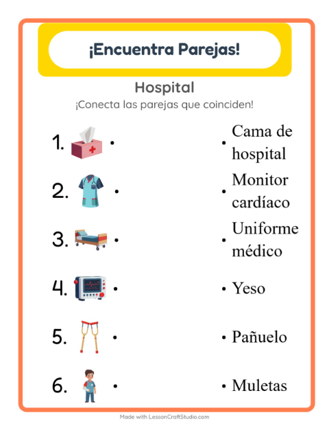 Vista previa de la hoja de Emparejar con Hospital para jardín infantil