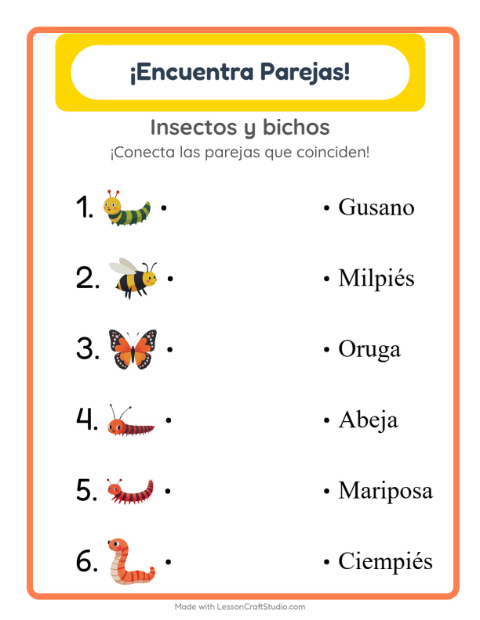 Vista previa de la hoja de Emparejar con Insectos y bichos para jardín infantil