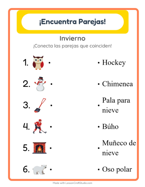 Vista previa de la hoja de Emparejar con Invierno para jardín infantil
