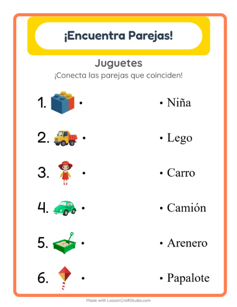 Vista previa de la hoja de Emparejar con Juguetes para jardín infantil