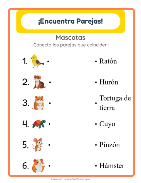 Vista previa de la hoja de Emparejar con Mascotas para jardín infantil