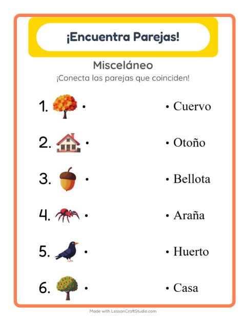 Vista previa de la hoja de Emparejar con Misceláneo para jardín infantil