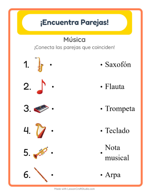 Vista previa de la hoja de Emparejar con Música para jardín infantil