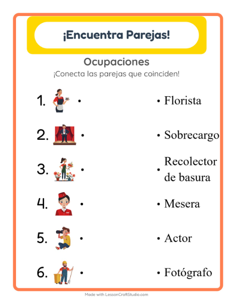 Vista previa de la hoja de Emparejar con Ocupaciones para jardín infantil