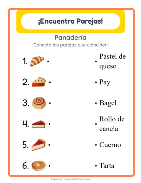 Vista previa de la hoja de Emparejar con Panadería para jardín infantil