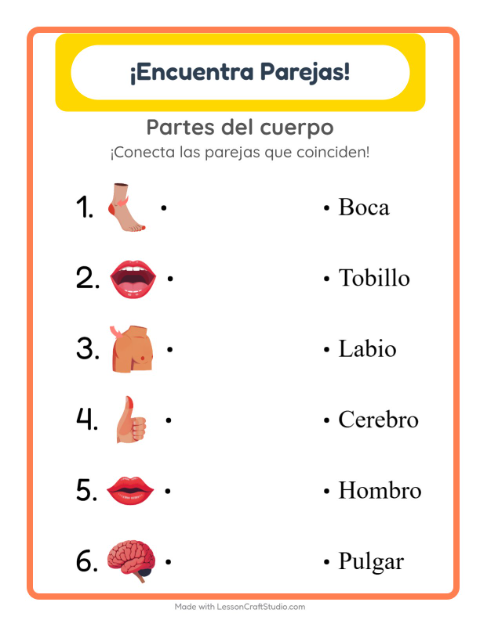 Vista previa de la hoja de Emparejar con Partes del cuerpo para jardín infantil